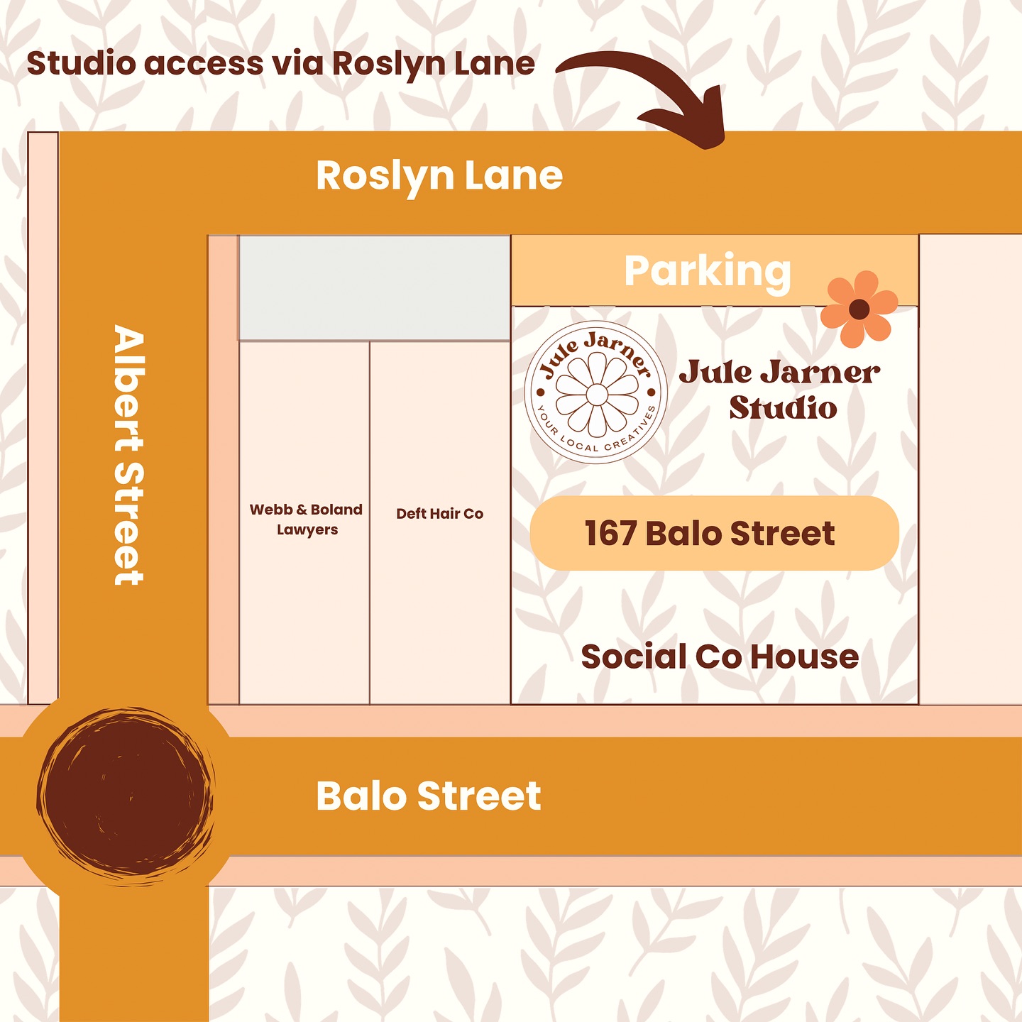 Map showing studio access via Roslyn Lane